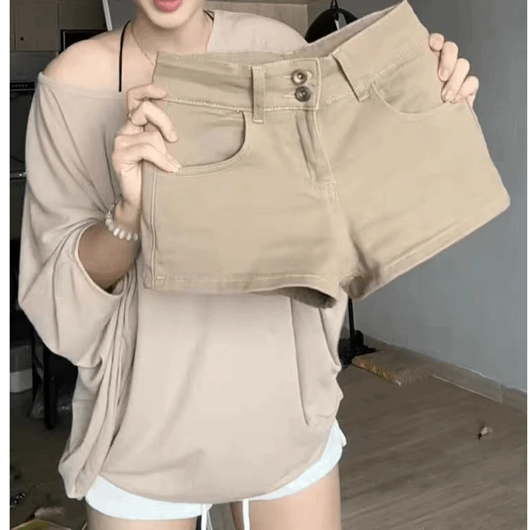 浅色中高腰辣妹卡其色牛仔短裤女小个子休闲短裤夏季薄款弹力热裤