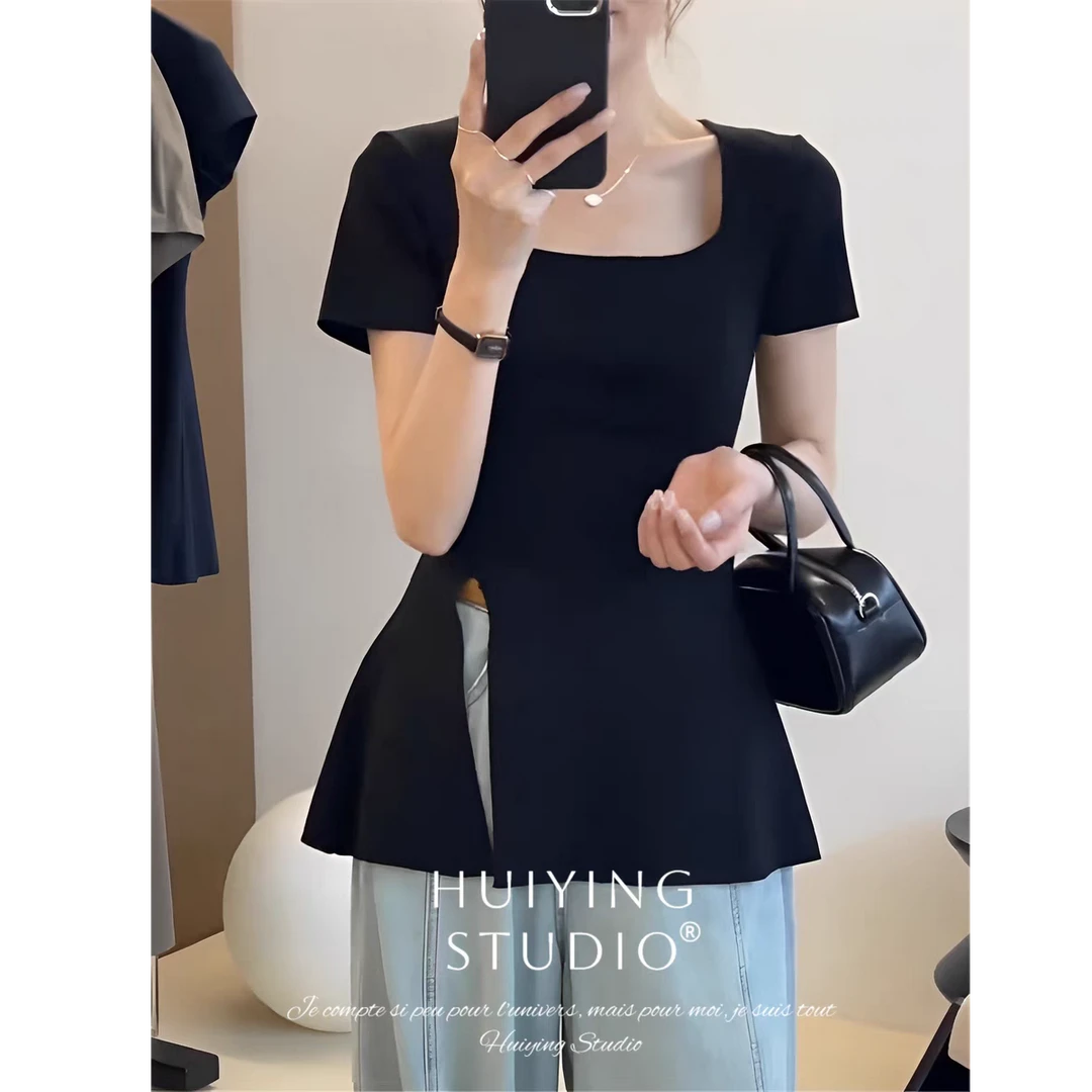 2025夏季微胖mm显瘦大码开叉遮肉时尚气质短袖大版T恤防晒服