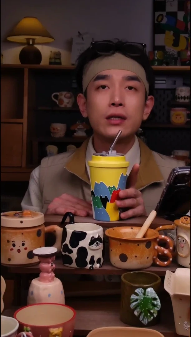 杯子陶景德镇可爱设计师款陶瓷（带盖带吸管）