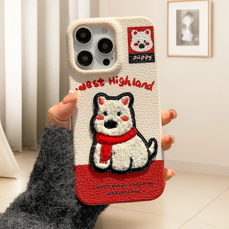 仿皮质纹DIY刺绣贴手机壳适用于苹果16/15可爱卡通