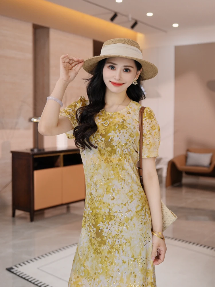 【金盏风铃】45度斜裁重工烫金气质修身显瘦短袖连衣裙-Z2520