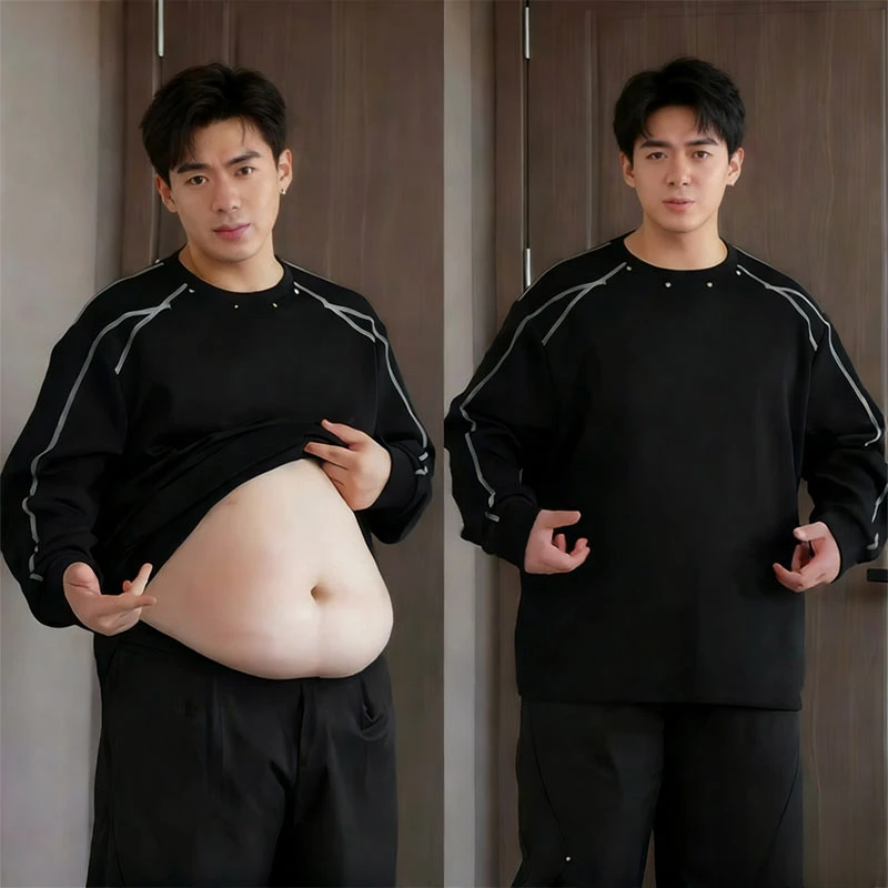 胖男生大码铆钉圆领卫衣美式设计感条纹解构长袖T恤内搭打底衫