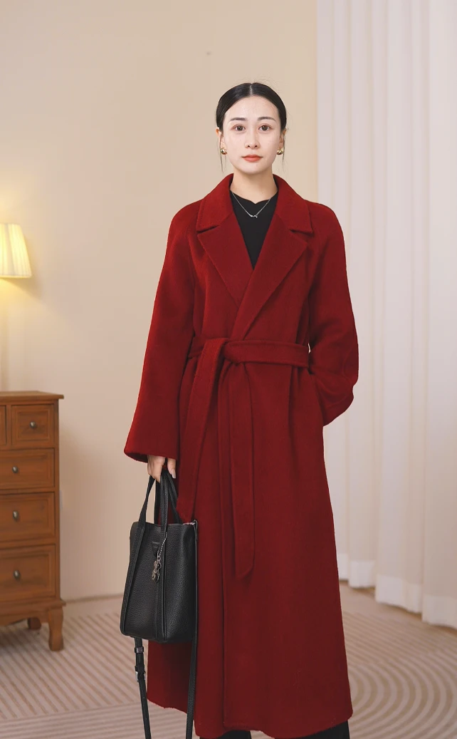 239830女士秋冬红黑色双面绵羊毛外套显瘦气质时尚大衣中长款