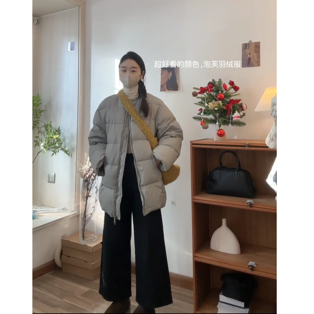 XEJ 冬日泡芙 小众颜色90白鸭绒韩系方格中长款羽绒服