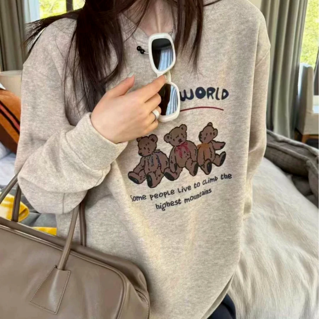 设计感小熊图案双面绒感加绒加厚卫衣女秋冬宽松休闲上衣-12071