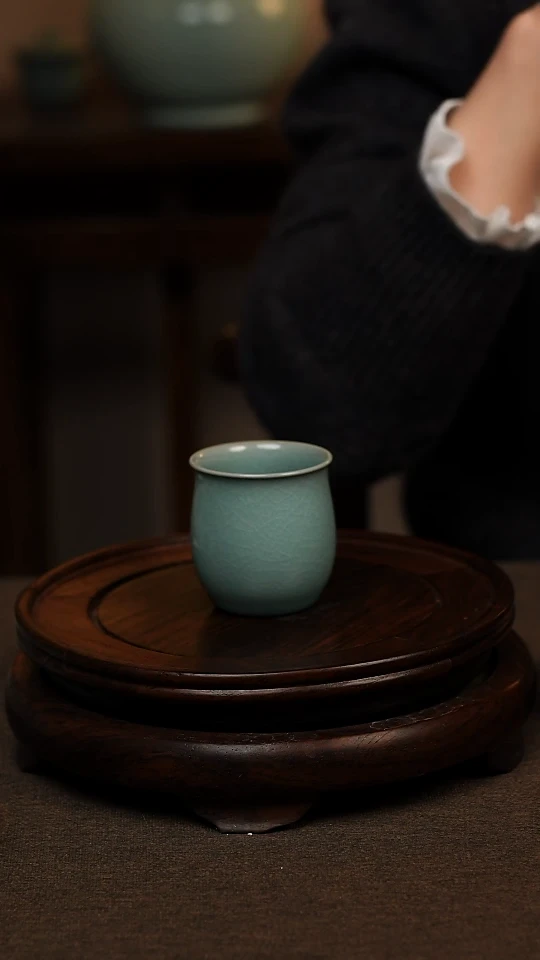 瓷片仿古青绿釉全手工闻香杯70ml 一级礼盒包装