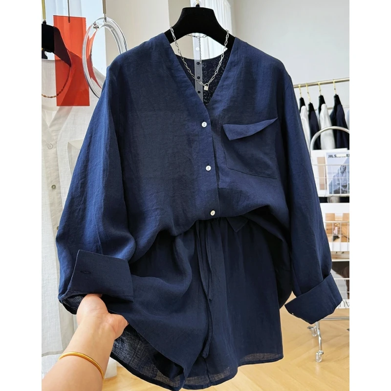 K00784夏季款两件套宽松V领防晒衬衫短裤一整套巨好看苎麻套装女