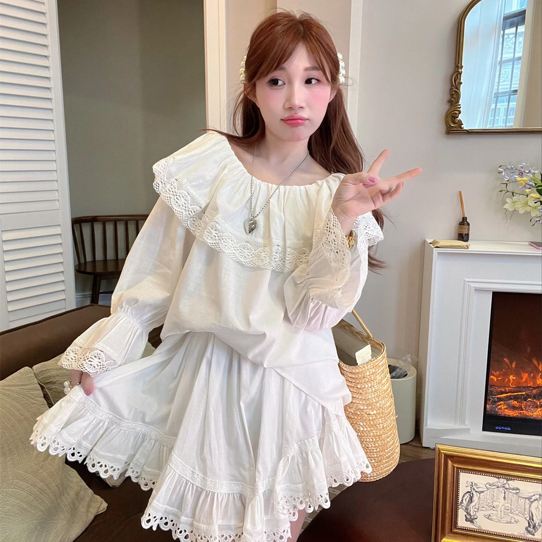 JENNIFER JXLIU韩版自留～白色公主蕾丝荷叶边领宽松衬衫上衣