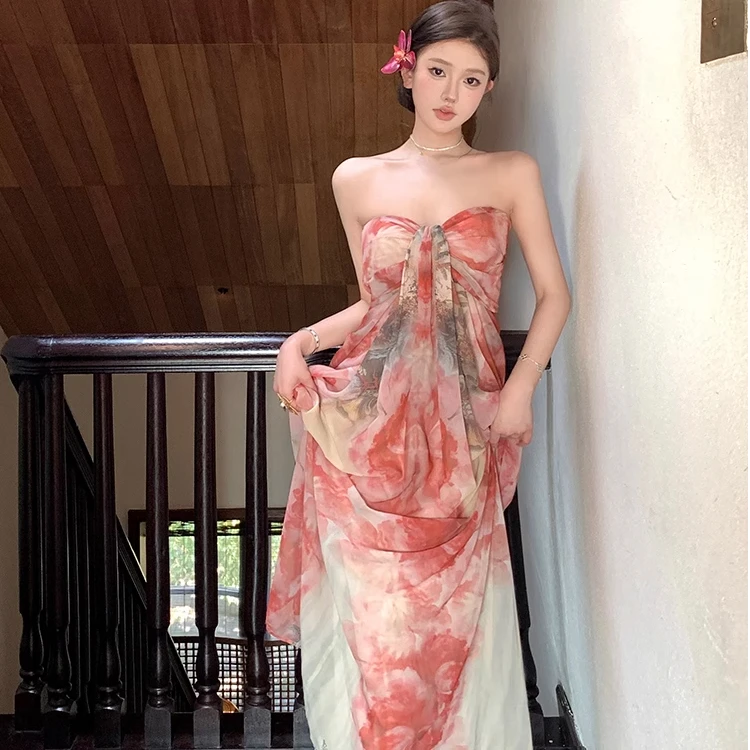 法式高级感扎染繁花抹胸连衣裙女气质氛围感海边度假风情万种裙子