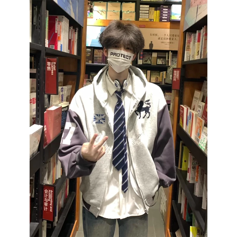 美式高街战马刺绣开衫卫衣男秋季重磅vibe拼接棒球服插肩连帽外套