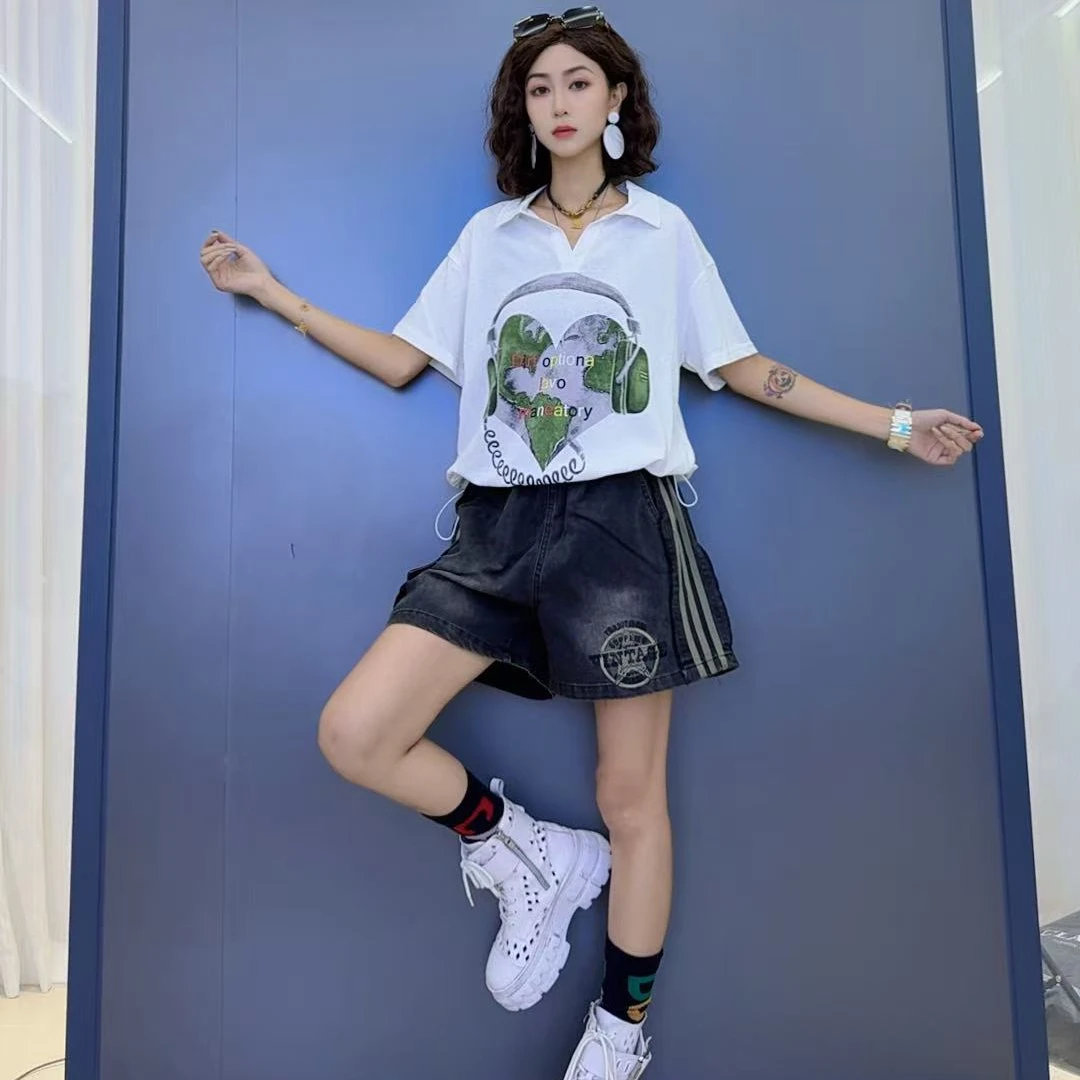 潮流时尚休闲显瘦洋气韩版上衣-百搭宽松复古街头夏季牛仔短裤