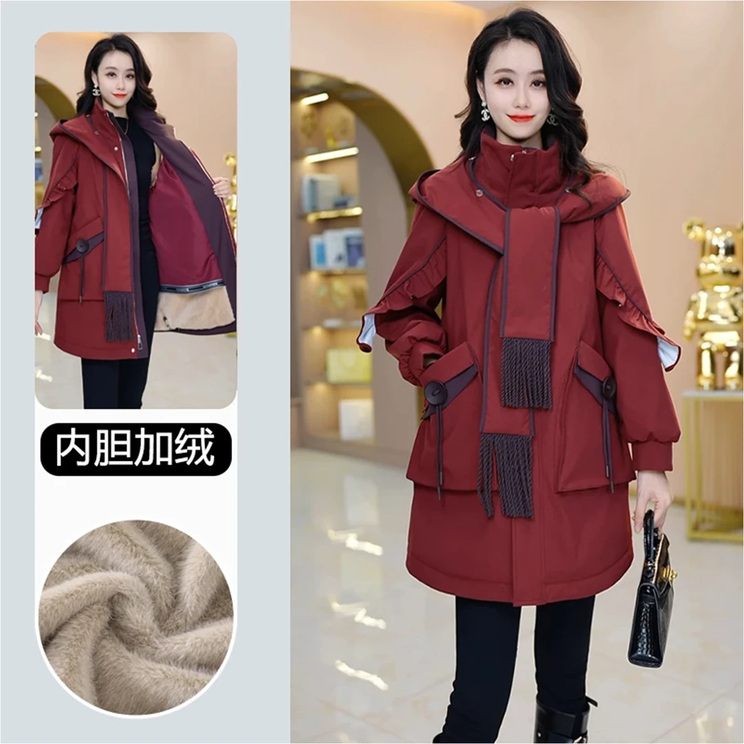 红色立领派克服羽绒棉服女冬高端欧货洋气超好看加绒加厚棉衣爆款