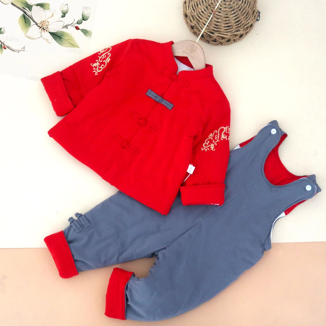 妈妈的手工坊国风棉花套装宝宝秋冬背带两件套（嘉安）