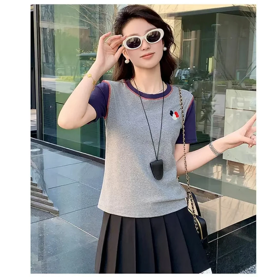 8757-撞色自然极简风（灰色）短袖