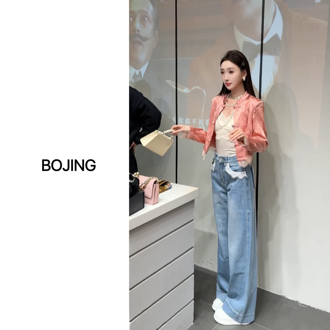 现货【栀子花开】显瘦蓝色直筒百搭拼接蕾丝原创设计阔腿牛仔裤