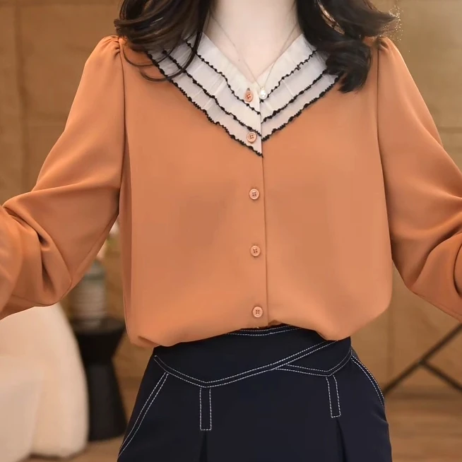 欧若风浪小众气质百搭显瘦衬衫砖红色设计感宽松时尚休闲女士衬衣