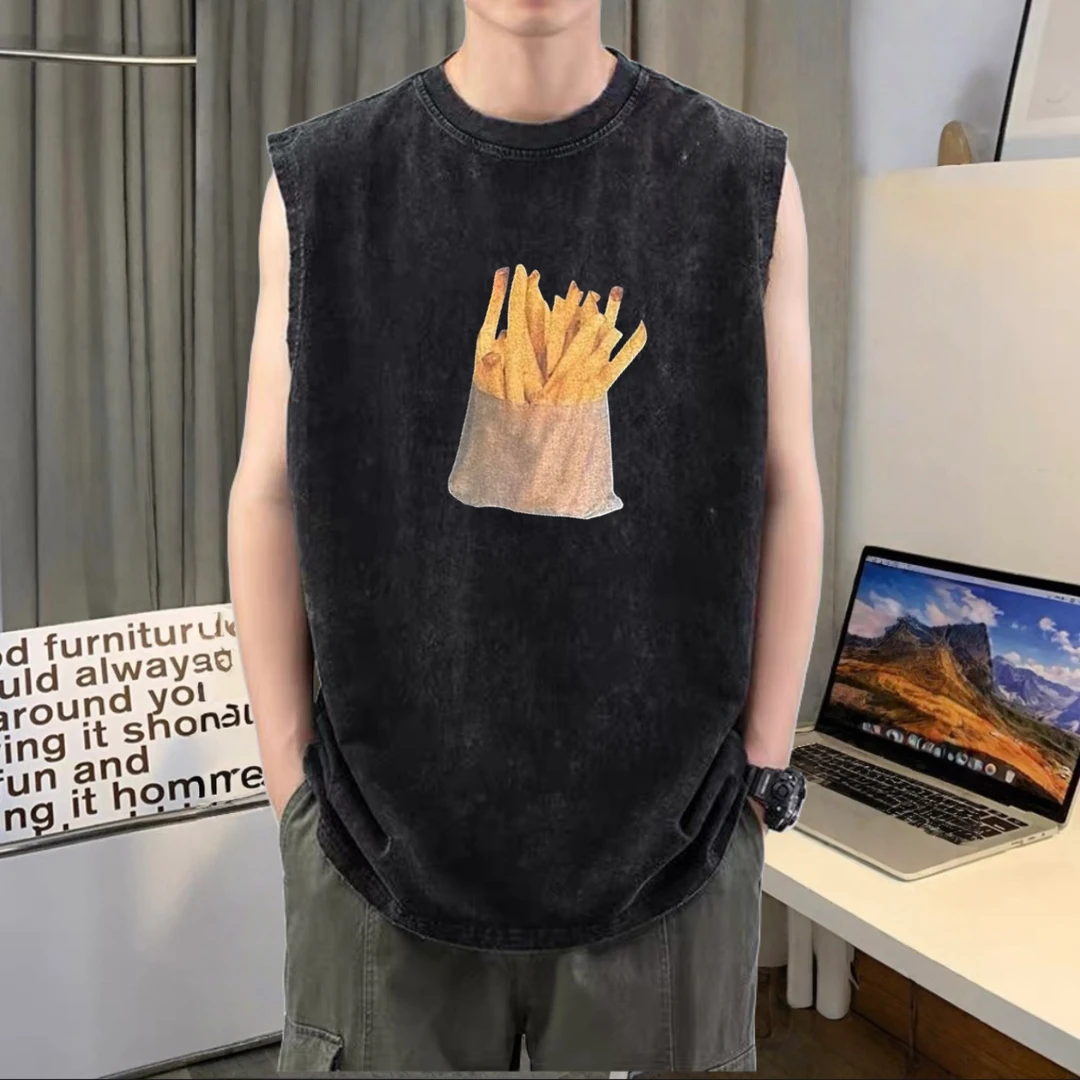 港风纯棉背心男夏季新款圆领套头薄款水洗做旧印花打底衫无袖T恤