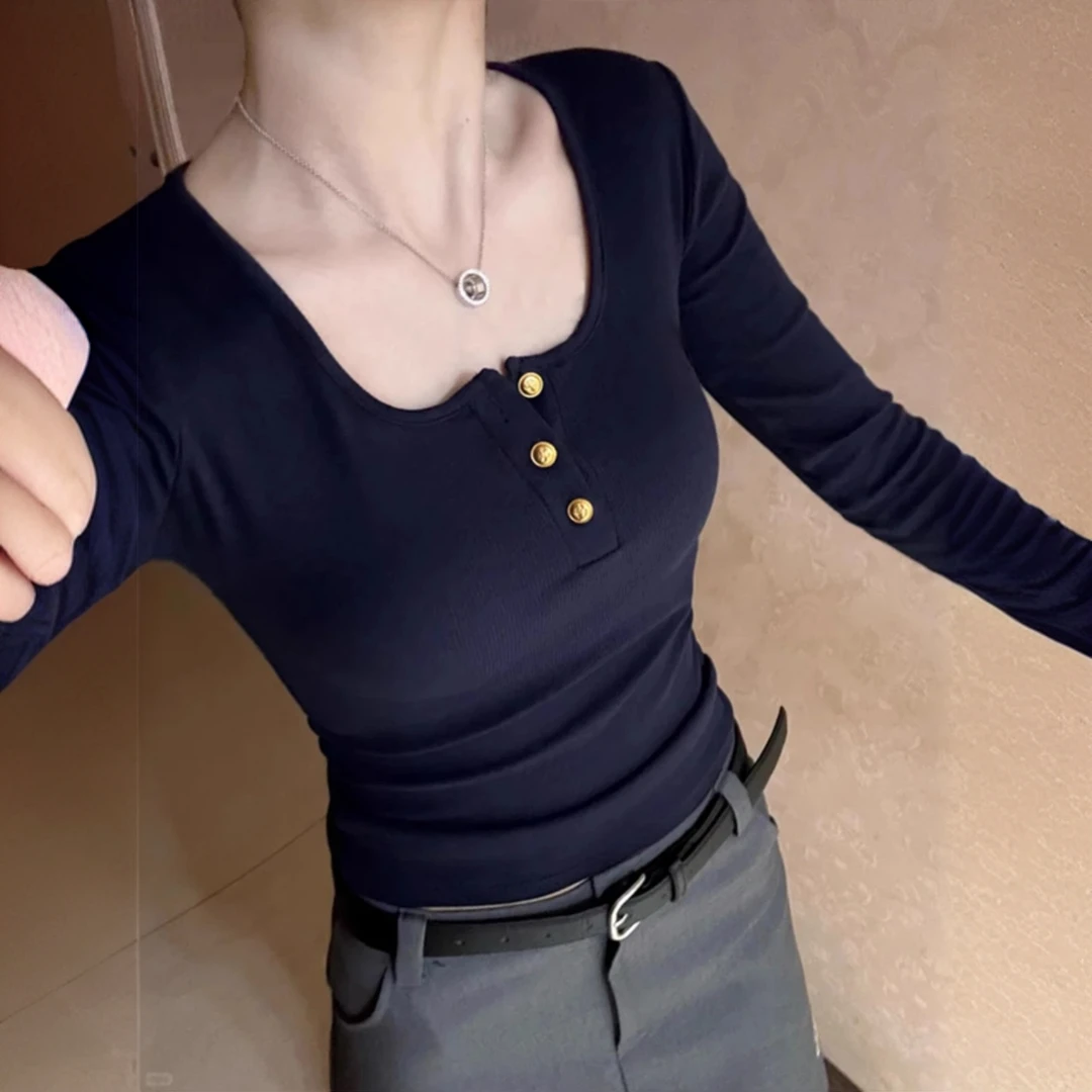 美式2025早秋新款U领长袖t恤女内搭修身显瘦高级感别致打底衫上衣