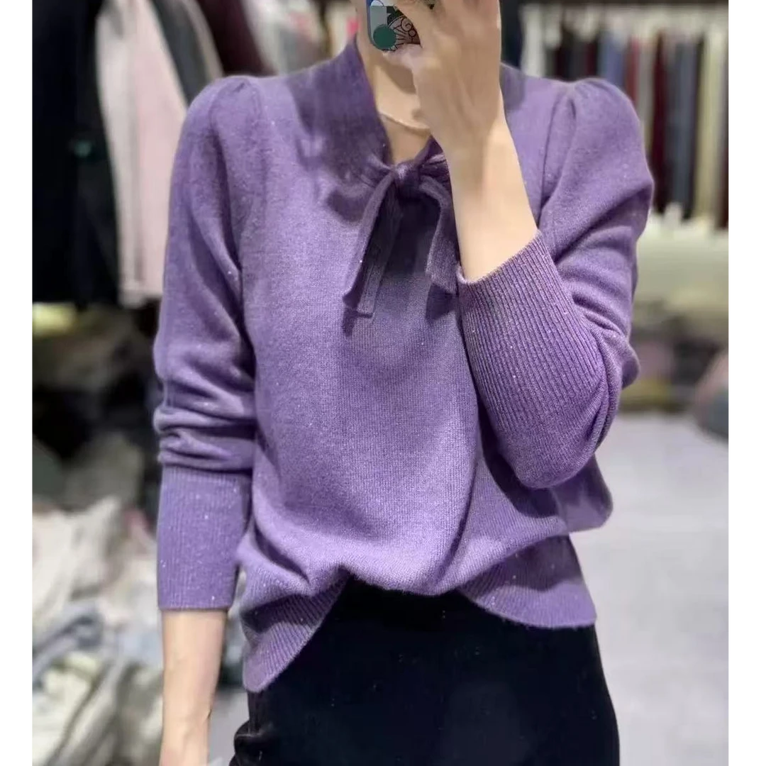 仪芬秋冬蝴蝶结V领亮片毛衣