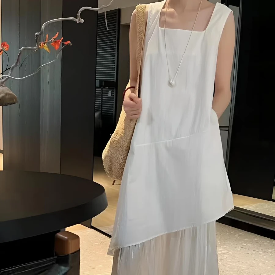 长裙拼纱不规则连衣裙高级感下摆拼接气质宽松背心白色