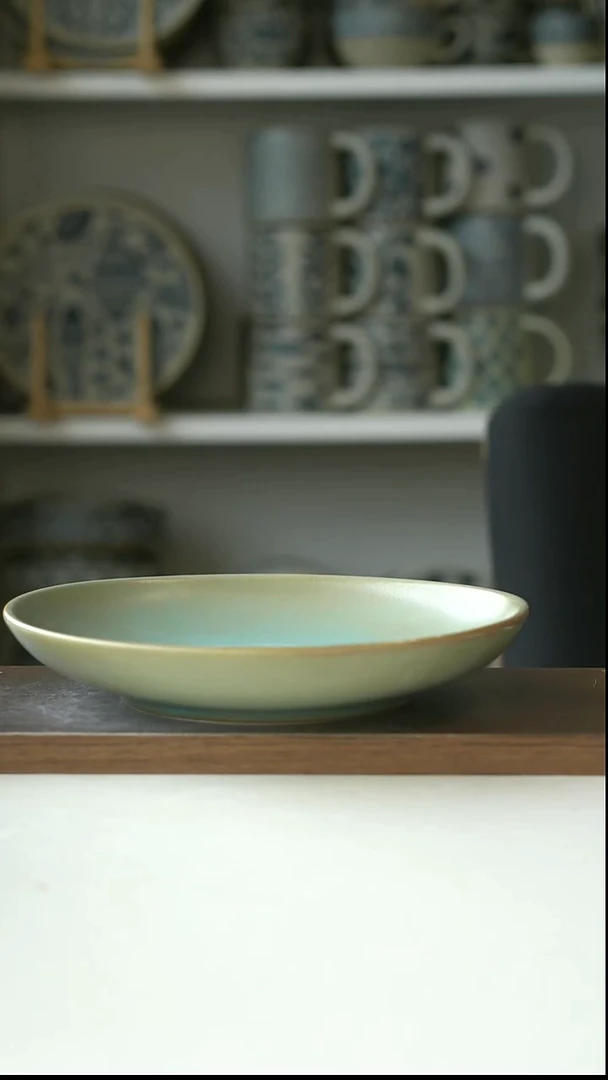 陶窑变青雾深盘20.5cm@4-2@微瑕