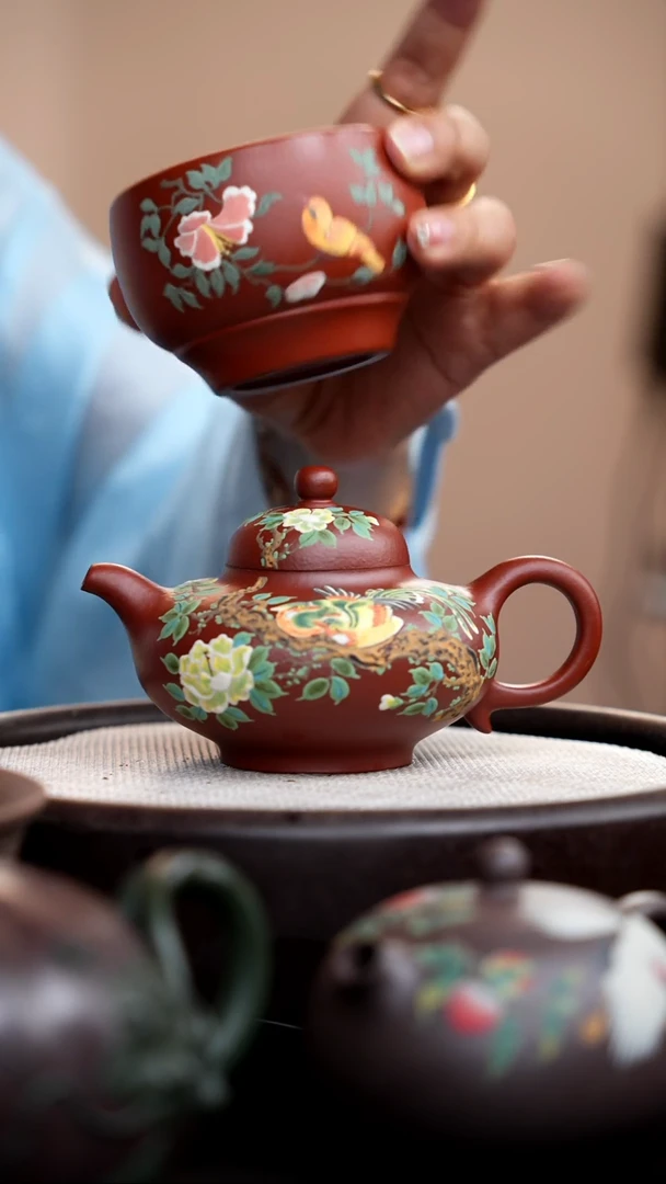 茶壶紫砂大红袍华颖泥绘双鸟+杯