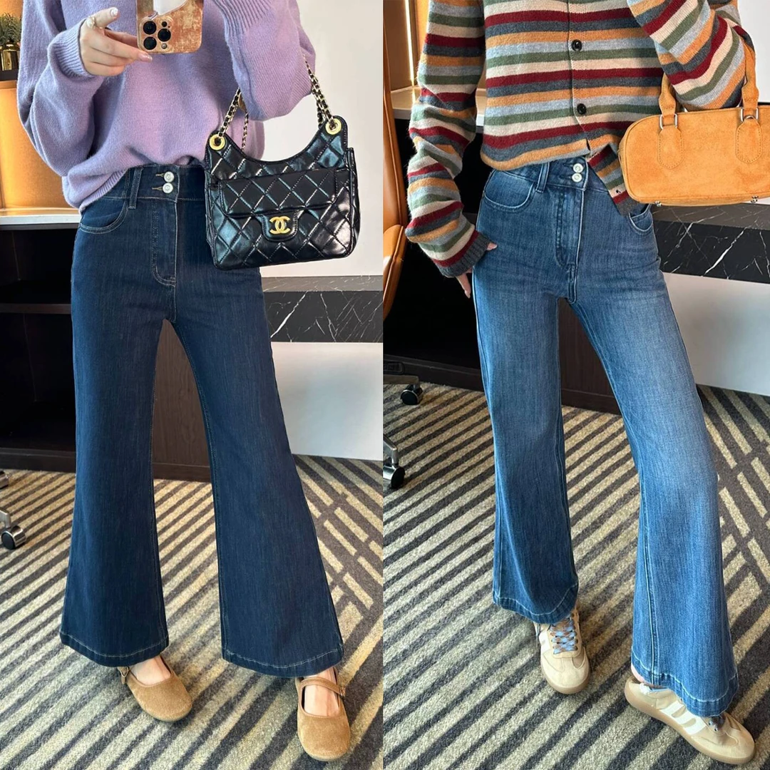 双扣高腰微喇叭牛仔裤女款爆款2025秋冬新款显瘦小个子九分喇叭裤