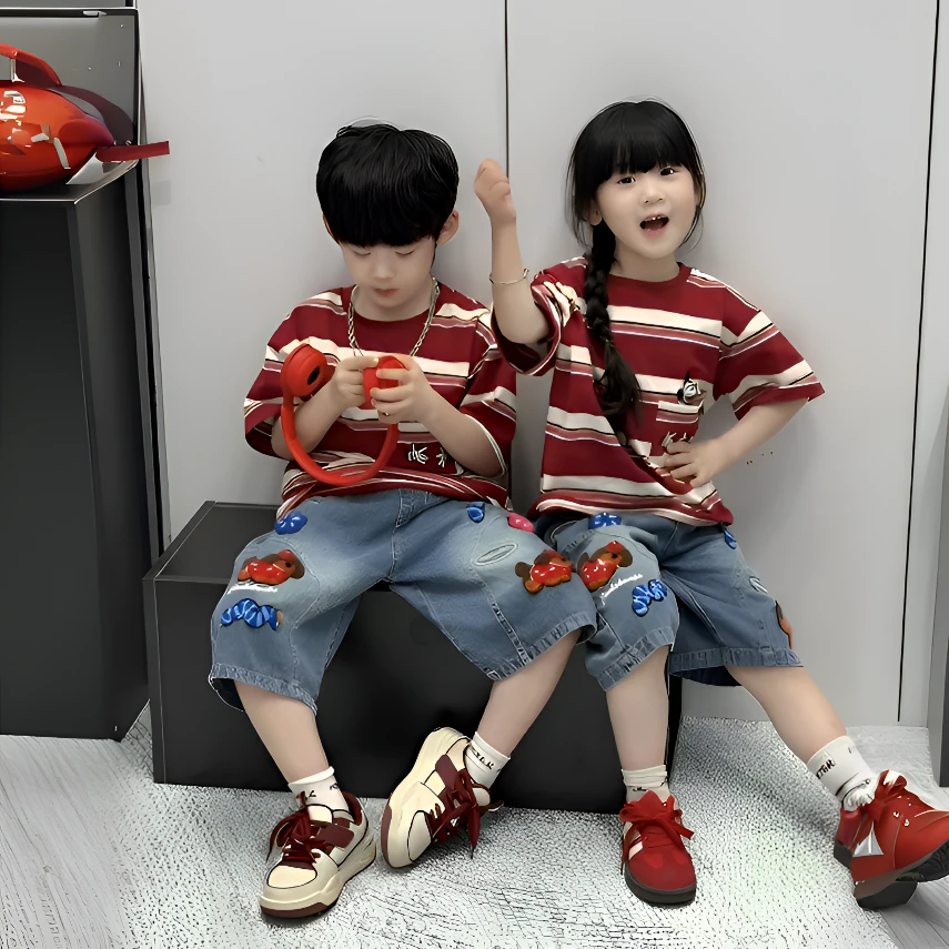 儿童条纹套装夏季时尚薄款条纹米奇T恤百搭绣花牛仔7分裤两件套