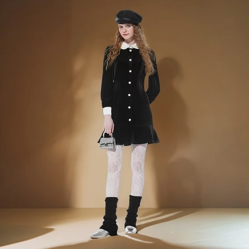 莱茵秋冬新款高端气质娃娃领小黑裙丝绒法式连衣裙LMED18VOP149