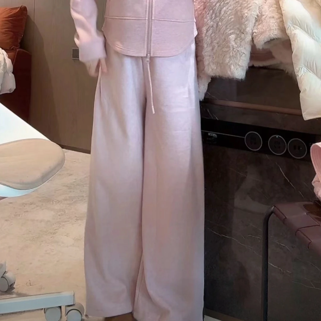 加绒加厚百搭洋气松紧腰阔腿裤女2025新款秋冬时尚直筒休闲长裤