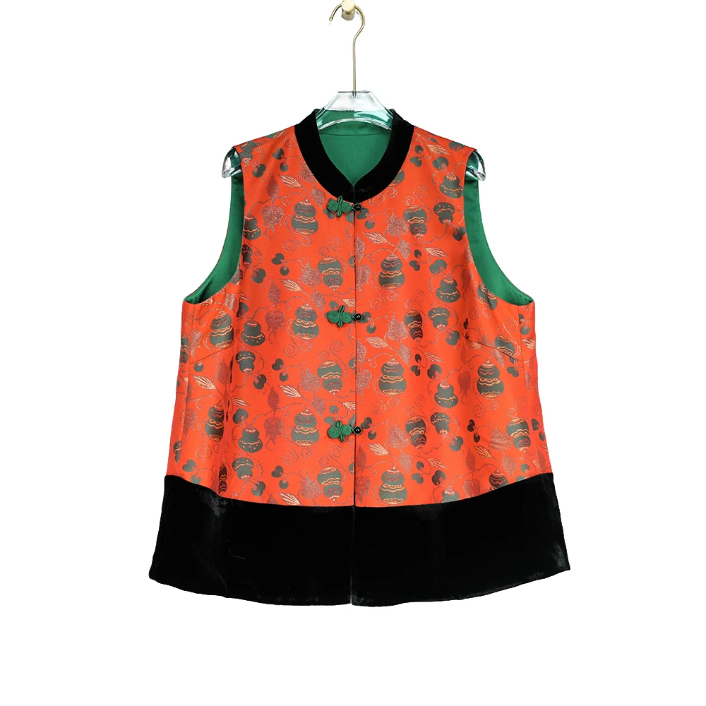 “如意葫芦”提花拼接真丝丝绒时尚复古国风盘扣新年红马甲上衣8926