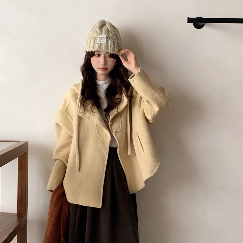【丸子专属】女装连帽羊毛大衣小个子多巴胺甜美毛呢外套羊毛外套女