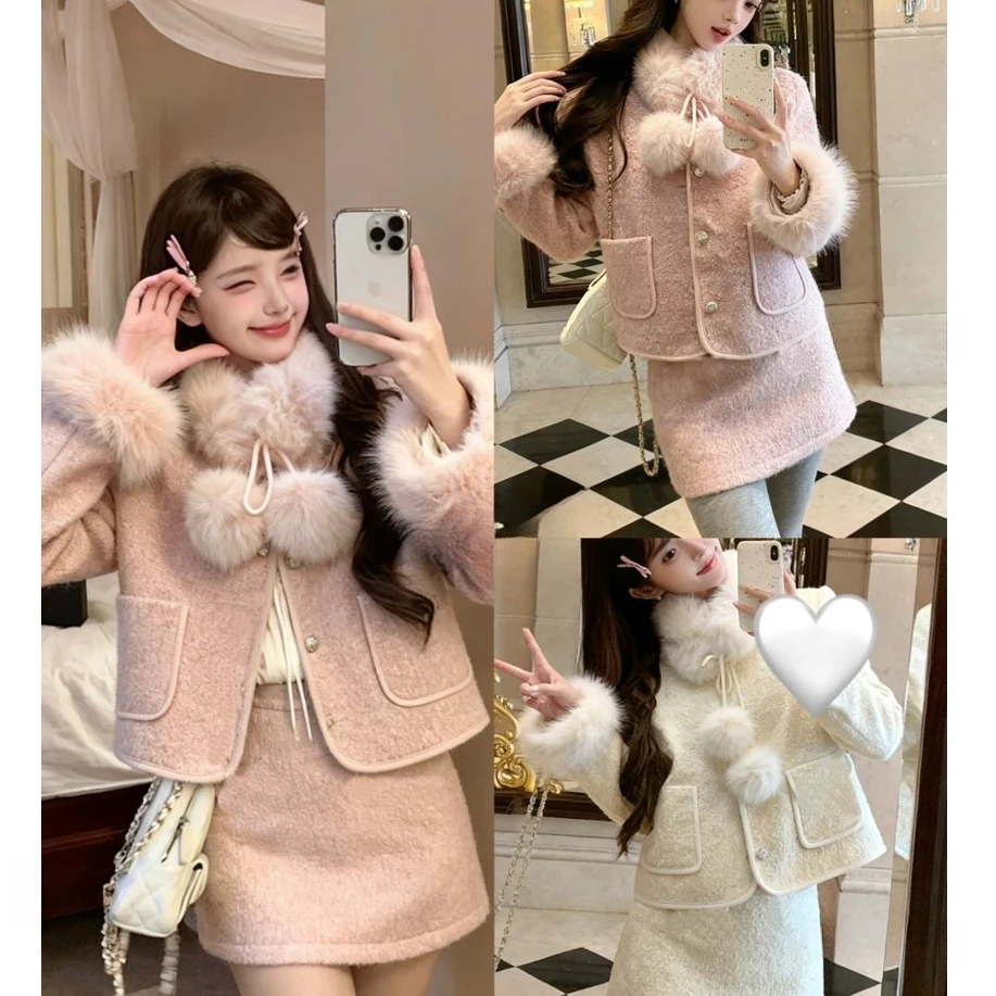 【晨浠定制】新款气质小香风毛袖配毛领羽绒半裙套装2515