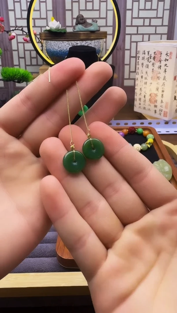 和田玉14K金镶嵌耳饰E403