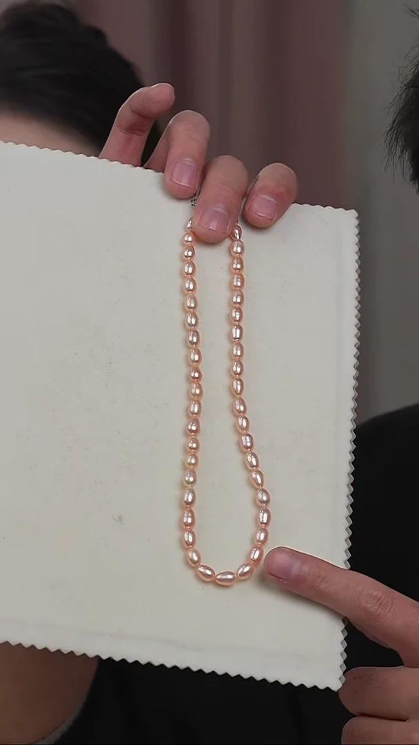 银S925镶嵌项链淡水珍珠中国红米型项链6-7mm