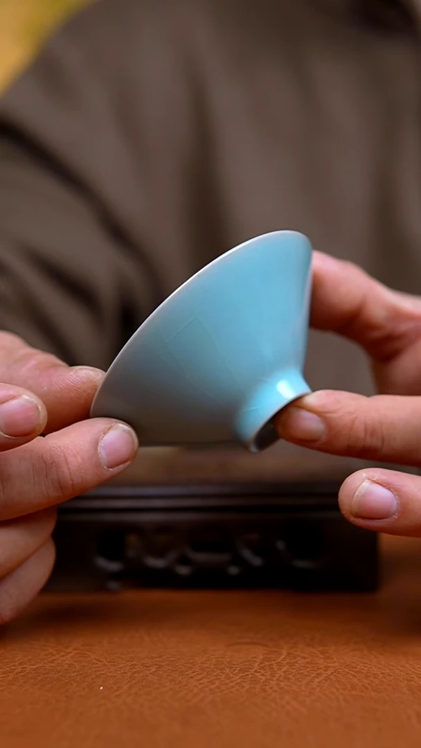 杯仿古天青纯手工薄胎支钉小斗笠杯一级礼盒