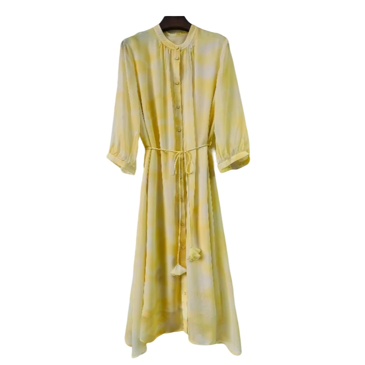 【金多乾】夏季春季印花麻飘带连衣裙收腰长裙显瘦优雅L5852