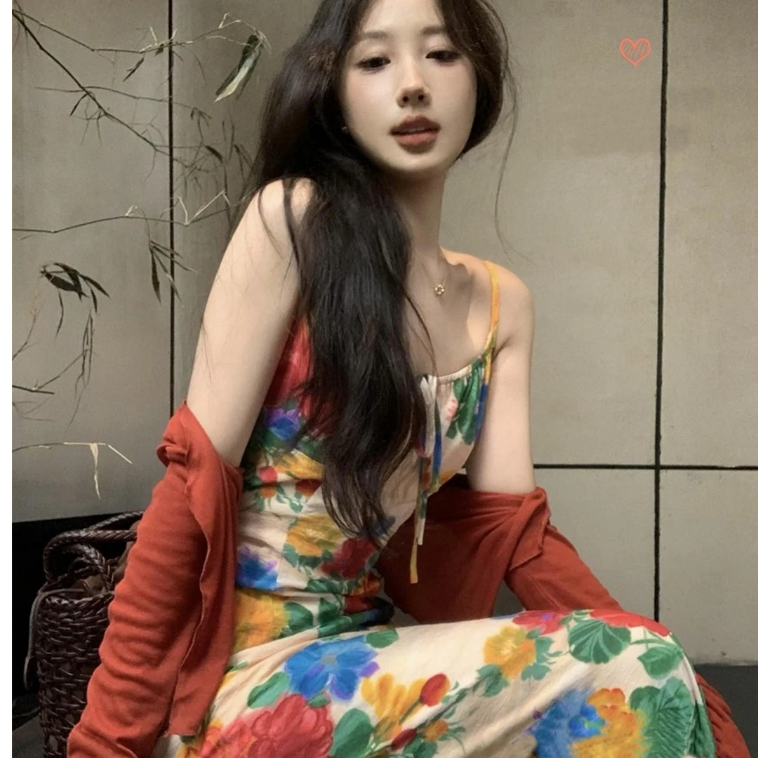 【两件套】2025港风复古法式碎花连衣裙女夏短款开衫吊带裙针织开衫