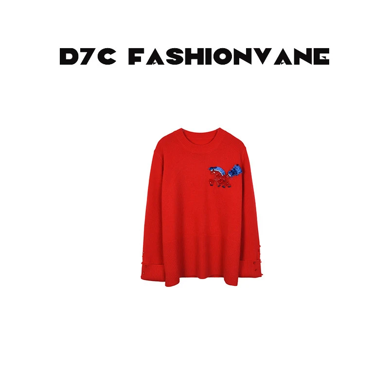 【婉婉】红色小马圆领针织绵羊毛长袖毛衣上衣C12012511