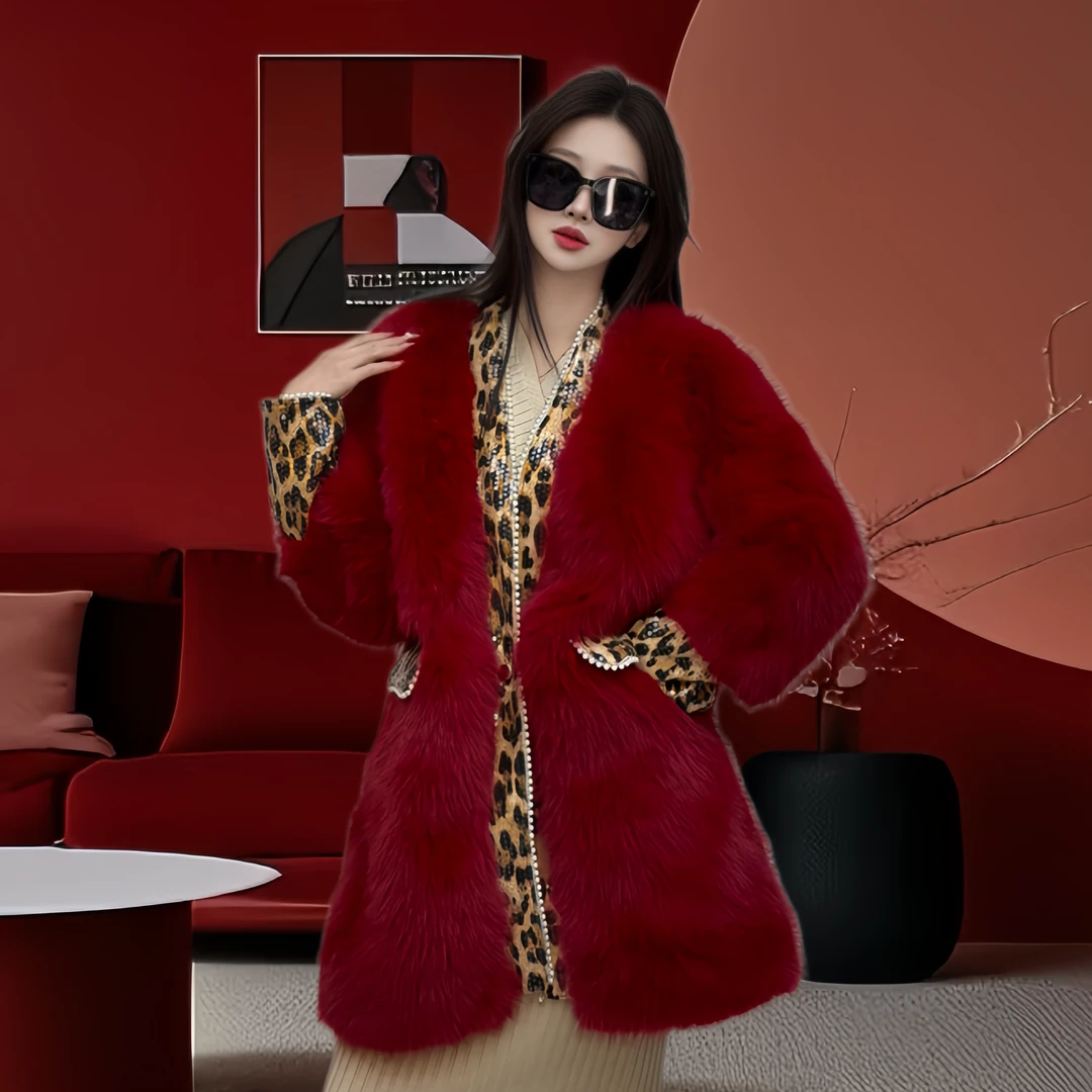 2025新年红新款时尚百搭中长款设计师毛毛外套