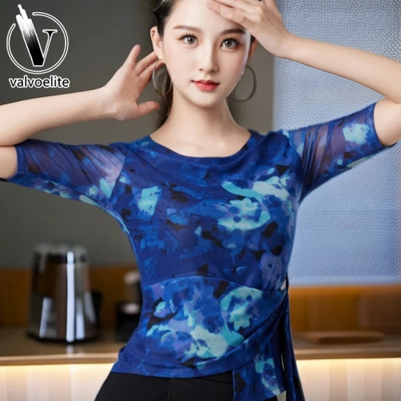 VALVOELITE摩登舞上衣女新款舞蹈服网纱中袖练功服拉丁舞服装女