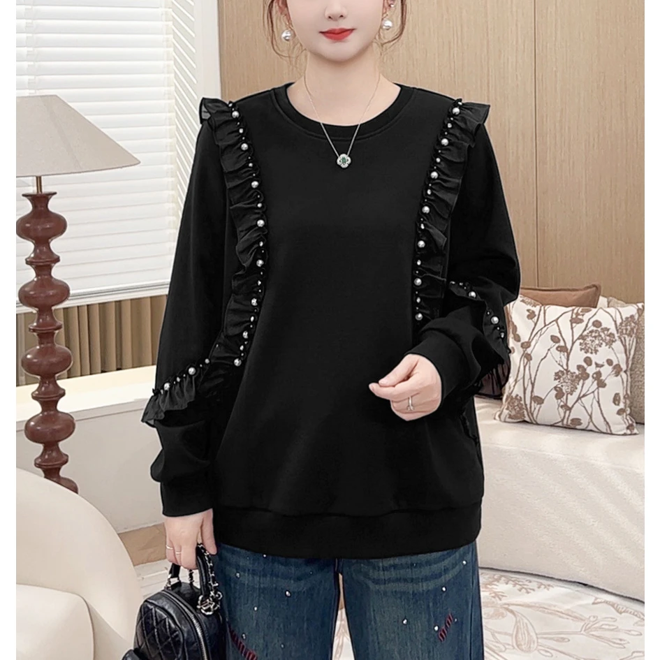 【钉珠卫衣】MsShe大码女装春装气质荷叶边圆领D~E2411044