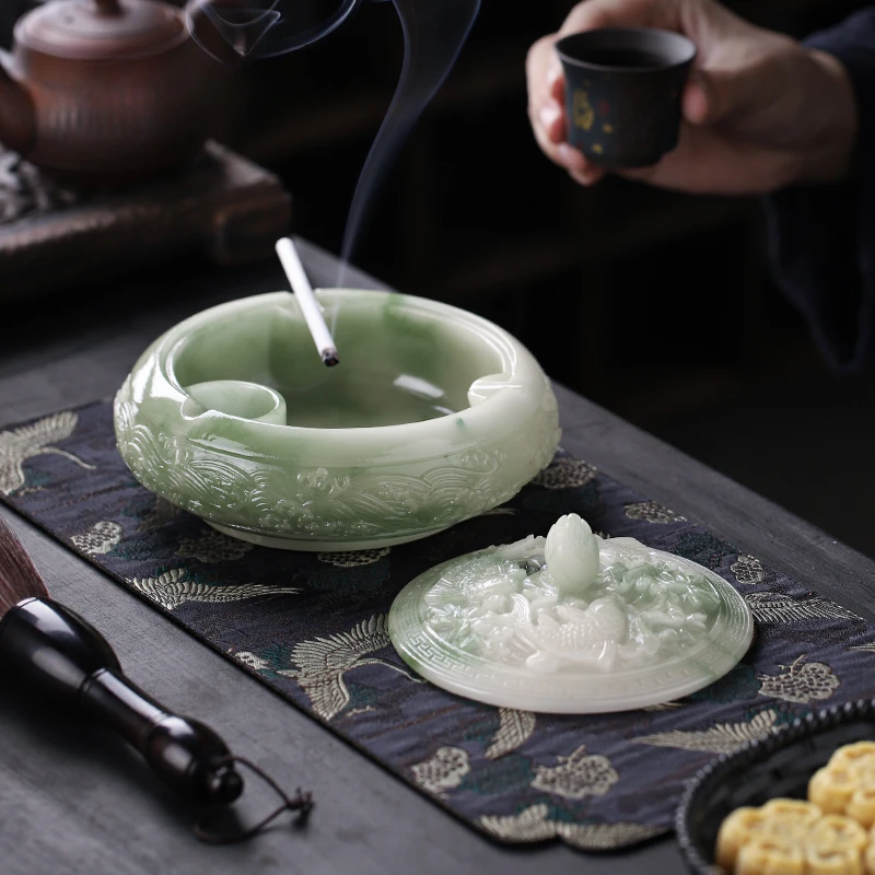 新中式浮雕如鱼得水大号烟灰缸带盖防飞灰创意个性家用客厅摆件品