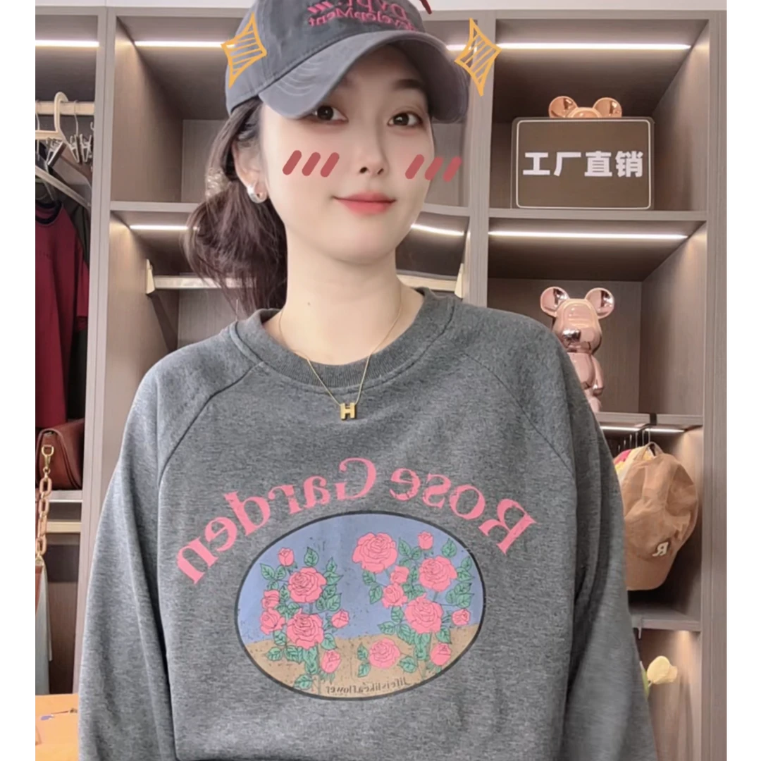 【莫奈花园】减龄又时髦~花朵印花圆领全棉卫衣长袖上衣女
