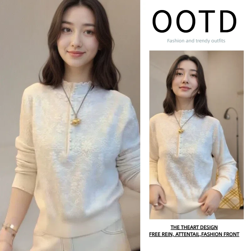 新款立领袖口镂空纽扣高级气质毛针织上衣H10070