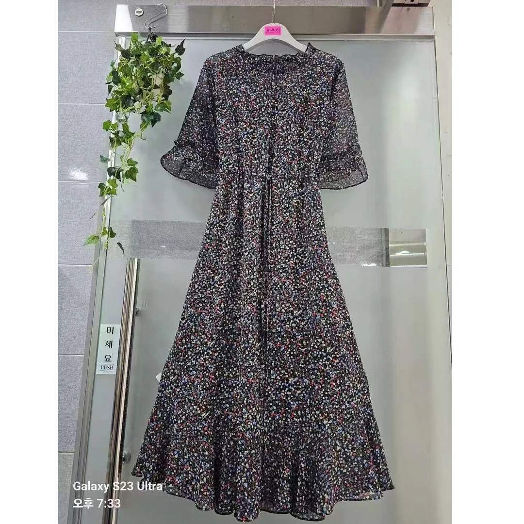 【xineba韩国鞋】2025新款女士优雅碎花圆领连衣裙洋气温婉淑女