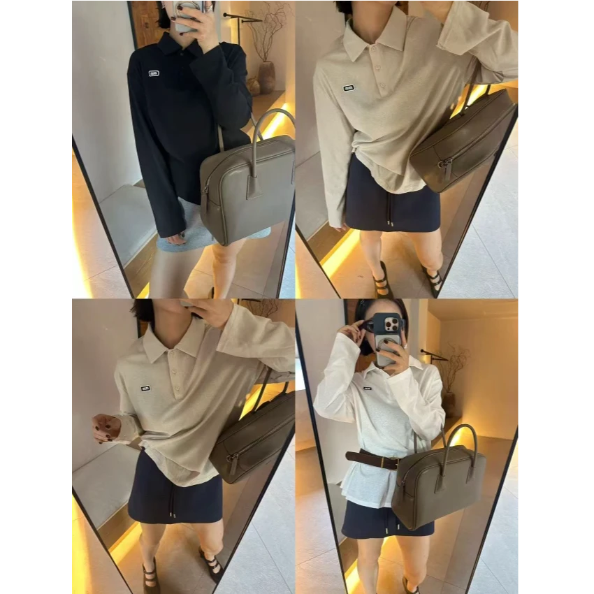 清 2712 减龄学院风字母贴布POLO翻领薄款长袖T恤叠穿防晒打底衫