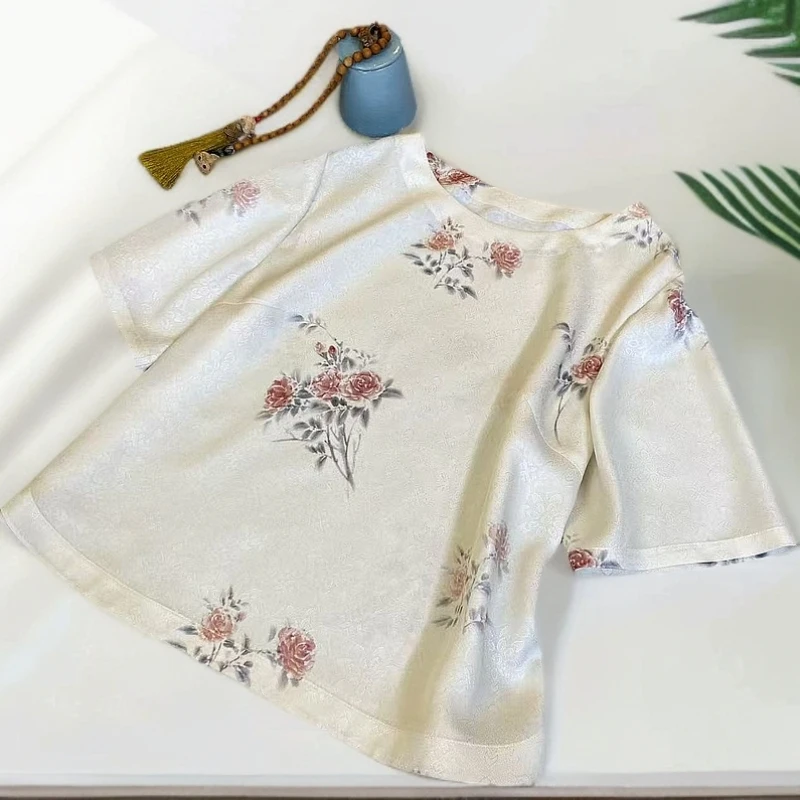 知羽.香云【清雅】25夏新款桑蚕丝提花圆领百搭新中式上衣ZY812406