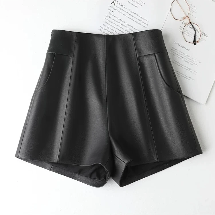 海宁皮裤春夏新款时尚简约高腰显瘦A字靴裤阔腿皮短裤062