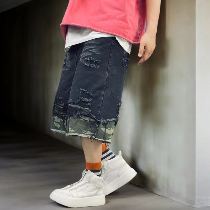 夏季七分重工水洗磨破拼接迷彩宽松时尚百搭潮流牛仔男女短裤010